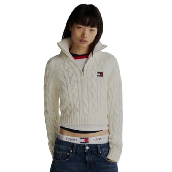 Tommy Jeans M Cable Knit Quarter-Zip Sweater Wool Blend Ivory White Logo Patch - Picture 1 of 10